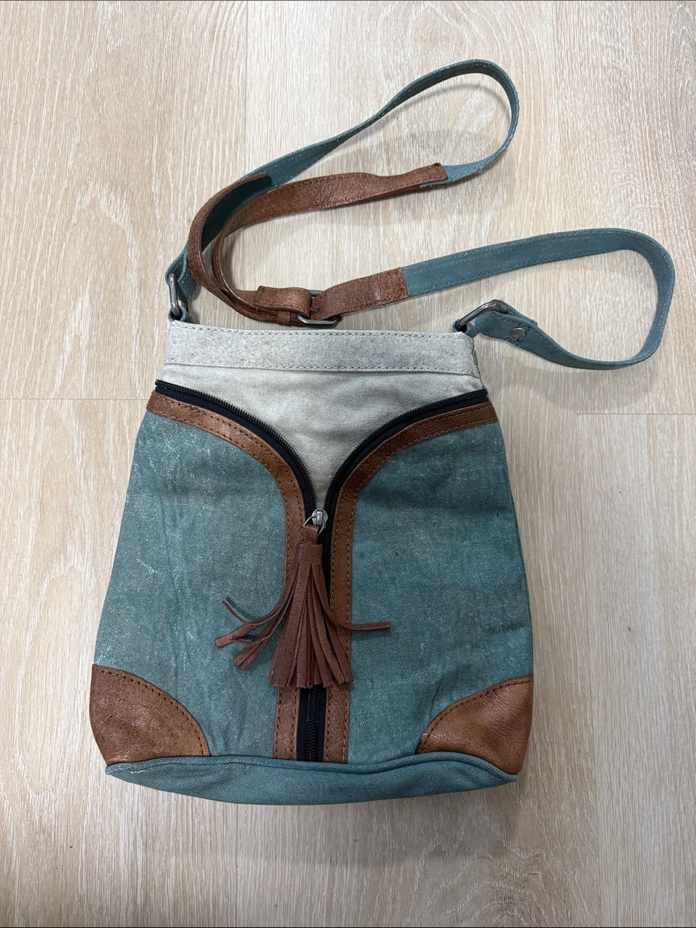Myra Bag Teal, Brown and Cream Suede Crossbody with Tassel